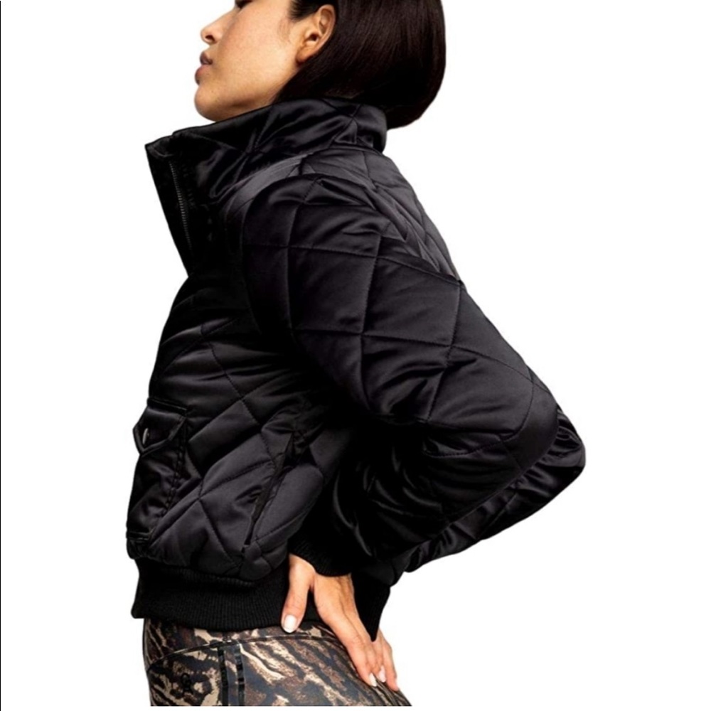 Good American cropped satin quilted puffer jacket black small 2 - Picture 2 of 8